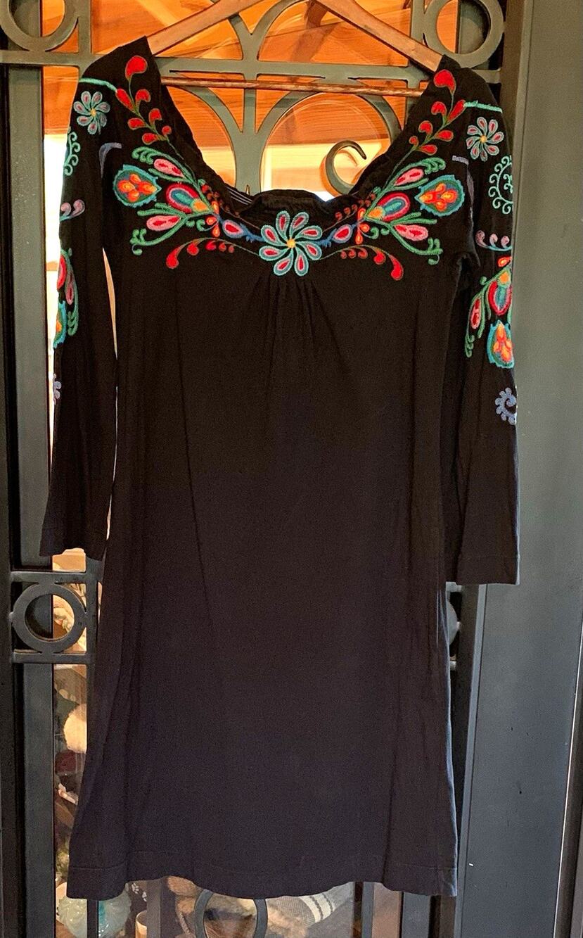 JWLA Johnny Was Embroidered Knit Tunic Dress Black Floral Boho XS
